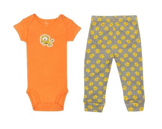 Kaarpas 100% Premium Organic Cotton 2 Piece Lion & Paws Print Bodysuit Onesie & Pant Set Orange With Grey & Yellow (KAON1012) (Certified ORGANIC)