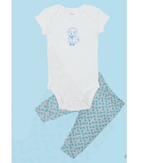 Kaarpas 100% Premium Organic Cotton 2 Piece Dog & Bones Print Baby Bodysuit Onesie Pant Set White & Grey With Blue (KAON1005) (Certified ORGANIC)