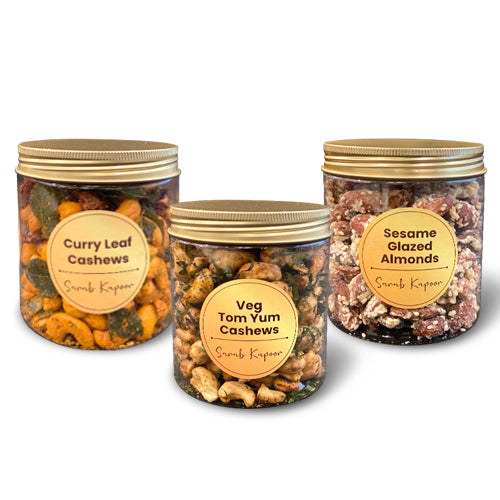 Sarab Kapoor Authentic Gourmet Collection  (Veg Tom Yam Cashews Roasted Sesame Glazed Almonds Roasted Curry Leaf Cashews) 