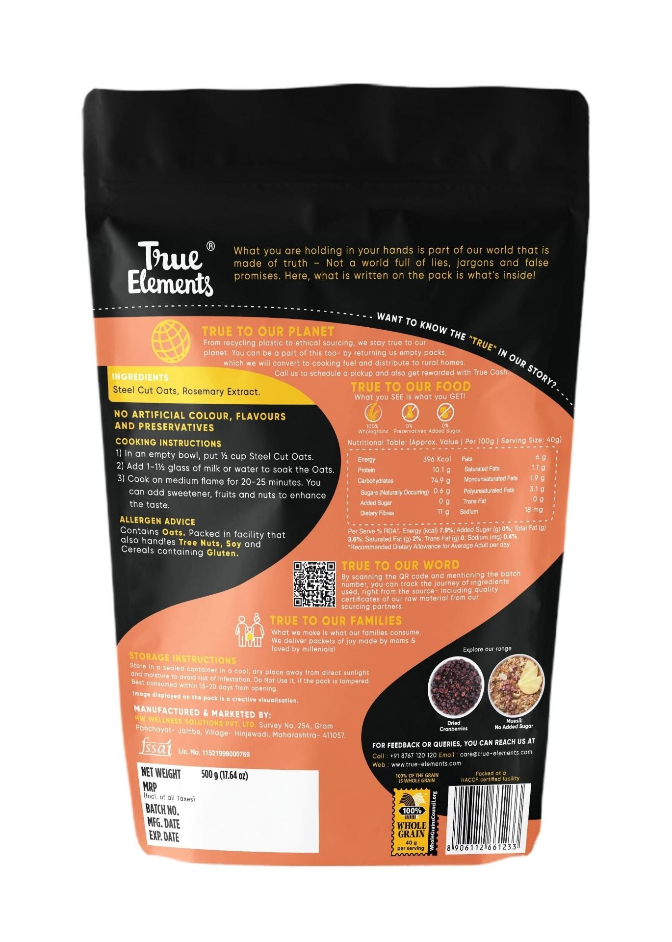 True Elements Steel Cut Gluten Free Oats Diet Food Healthy Breakfast High in Protein and Fibre