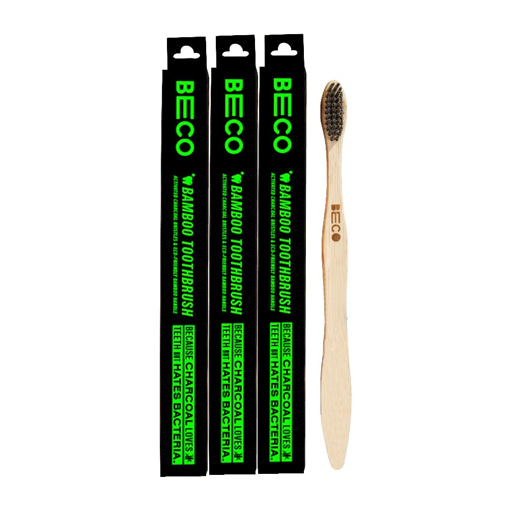 Beco Compostable Bamboo Toothbrush with Ultra Soft Charcoal activated Bristles 100% Natural & Eco Friendly